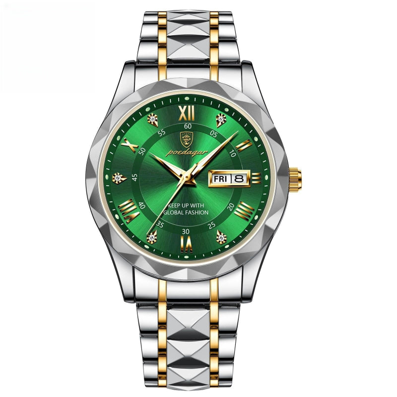 Wristwatch with green dial and gold accents on a white background