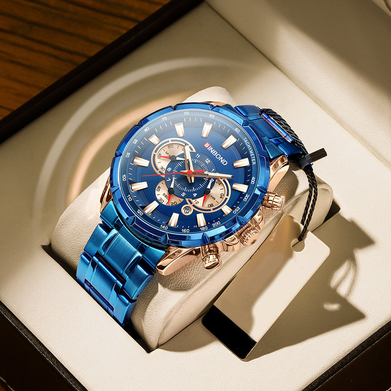 Blue wristwatch with detailed face in a box