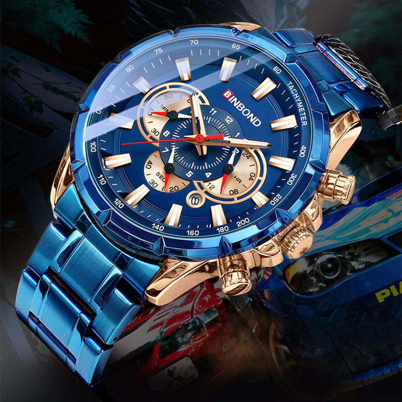 Blue and gold watch with intricate design on a dark background