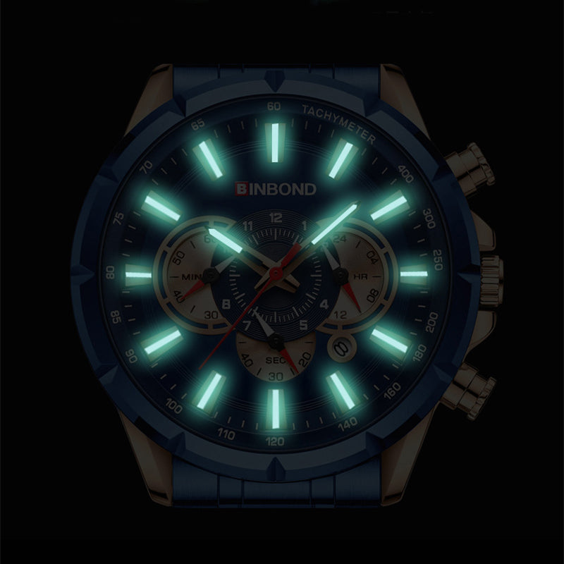 Glowing watch face with 'BINBOND' branding on a dark background