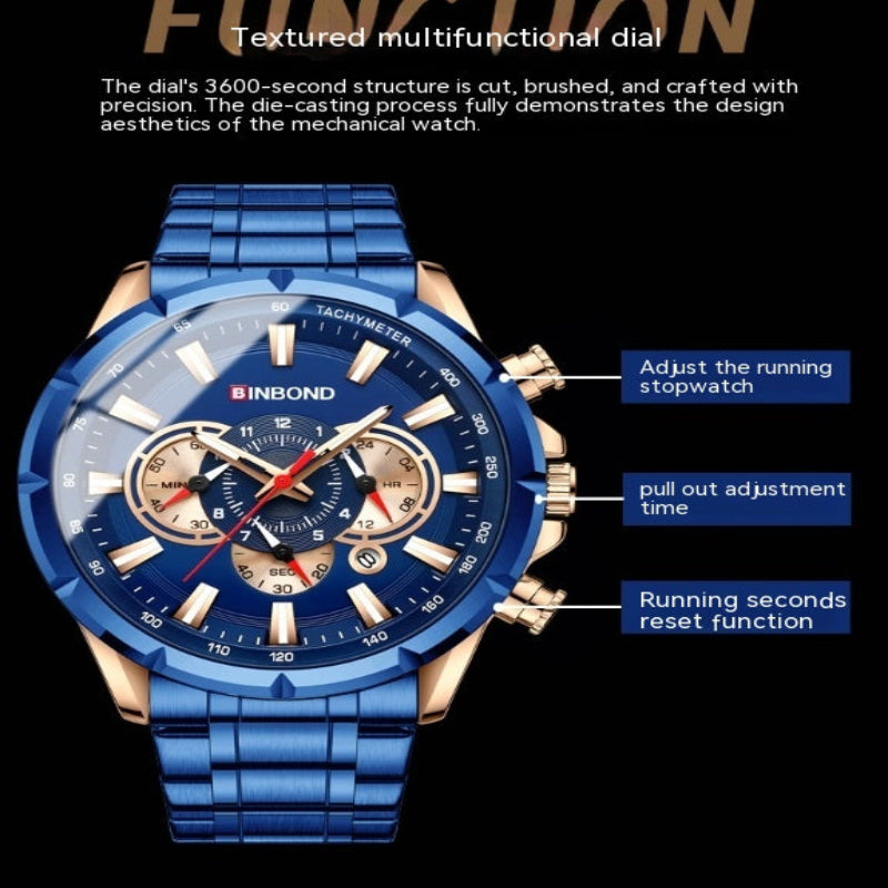 Blue and rose gold BINBOND men's chronograph watch with a textured dial, shown on a black background with feature callouts and text overlays.