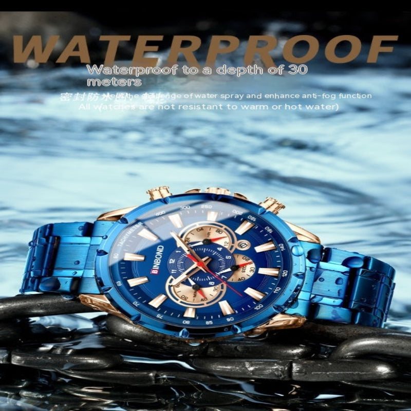 A blue and gold wristwatch with a metallic blue strap, displayed over a dark chain in water with large 'WATERPROOF' text and descriptive copy at the top.