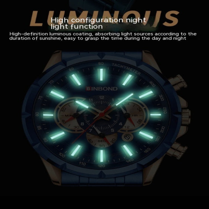 A wristwatch with a dark blue case and glowing green-lit dial, shown against a black background with promotional text about luminous night light function. The brand name BIONOND is visible on the watch face.
