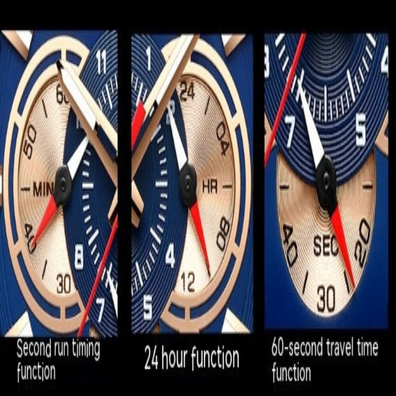 Three close-up views of a watch dial showing different sub-functions: second run timing, 24-hour function, and 60-second travel time, with blue and beige dials and red hands.