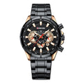 Black and rose gold watch with detailed face on a white background