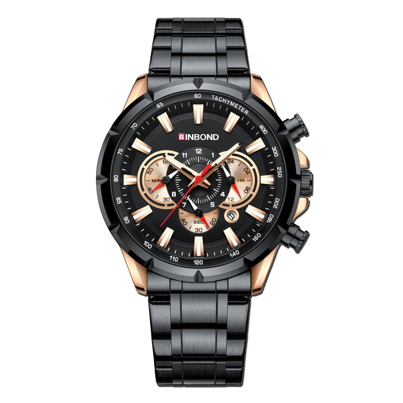 Black and rose gold watch with detailed face on a white background