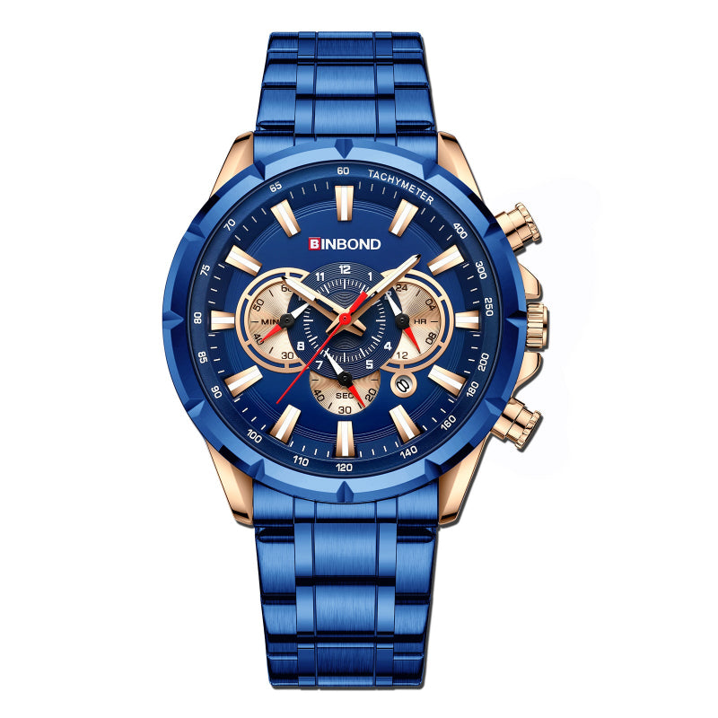 Blue and gold watch with 'BINBOND' branding on a white background