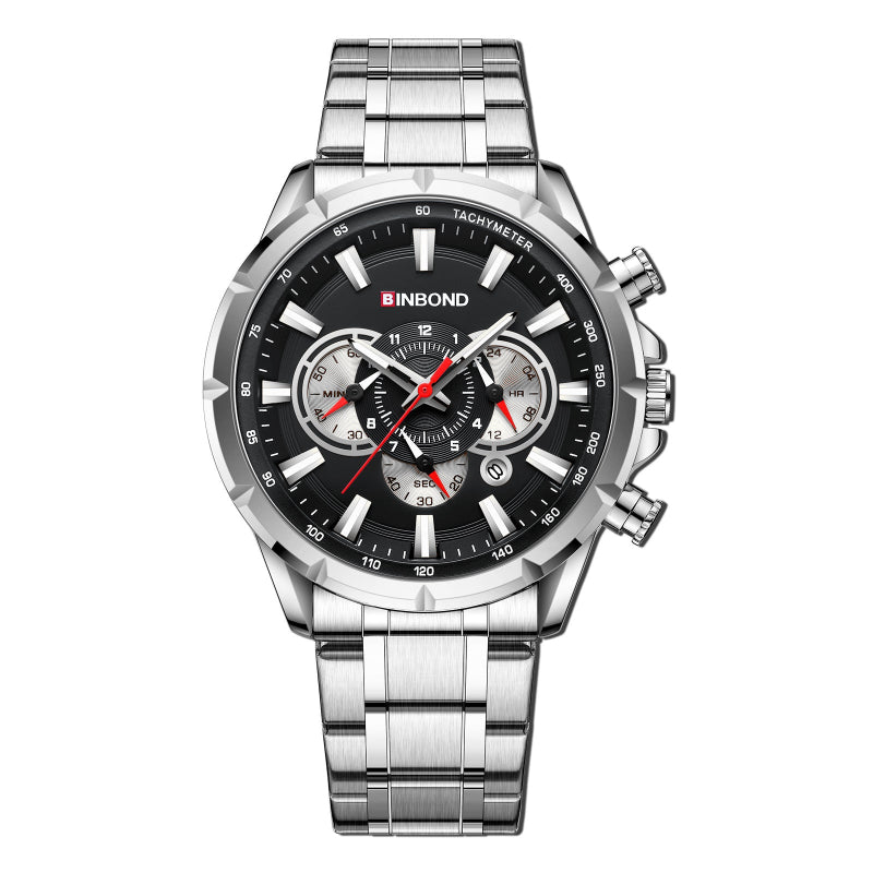 Silver wristwatch with a black dial on a white background