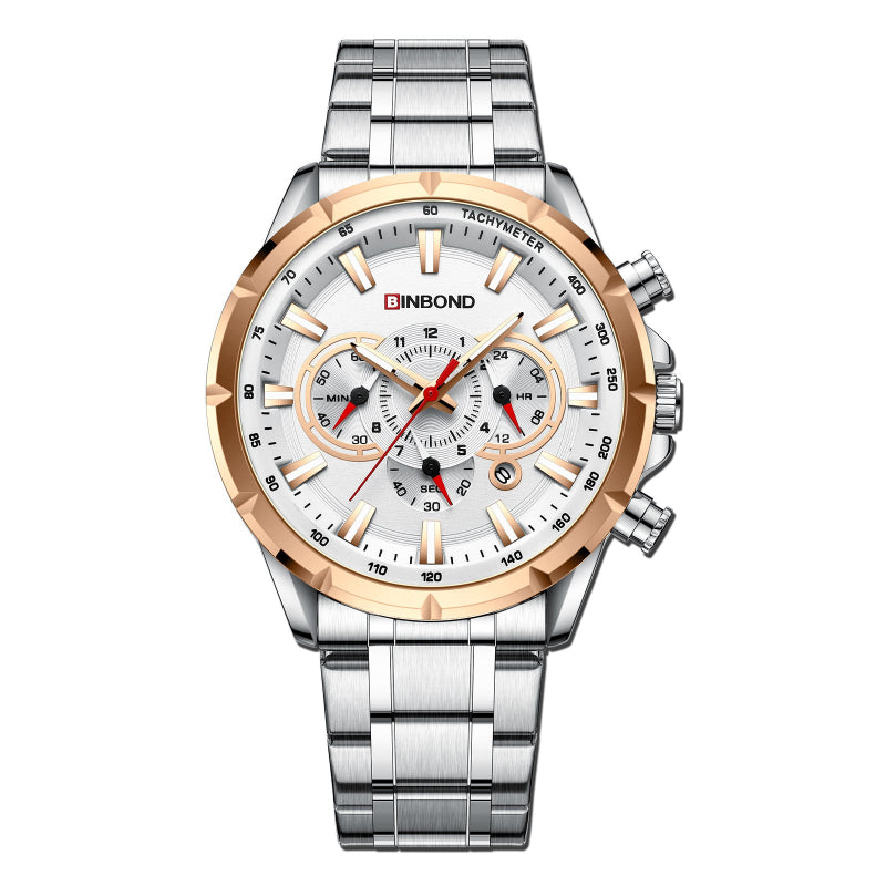 Wristwatch with silver and rose gold design on a white background