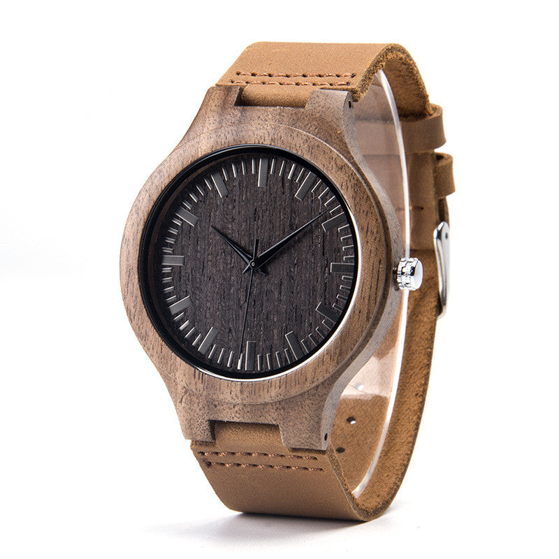 Wooden watch with brown leather strap on a white background