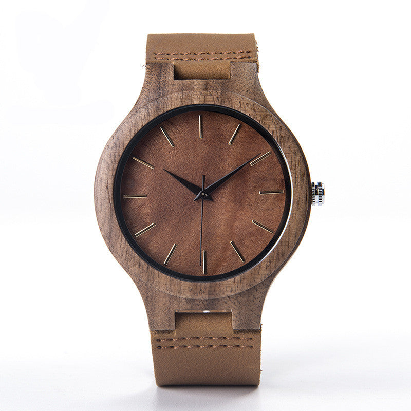 Wooden watch with brown strap on a white background