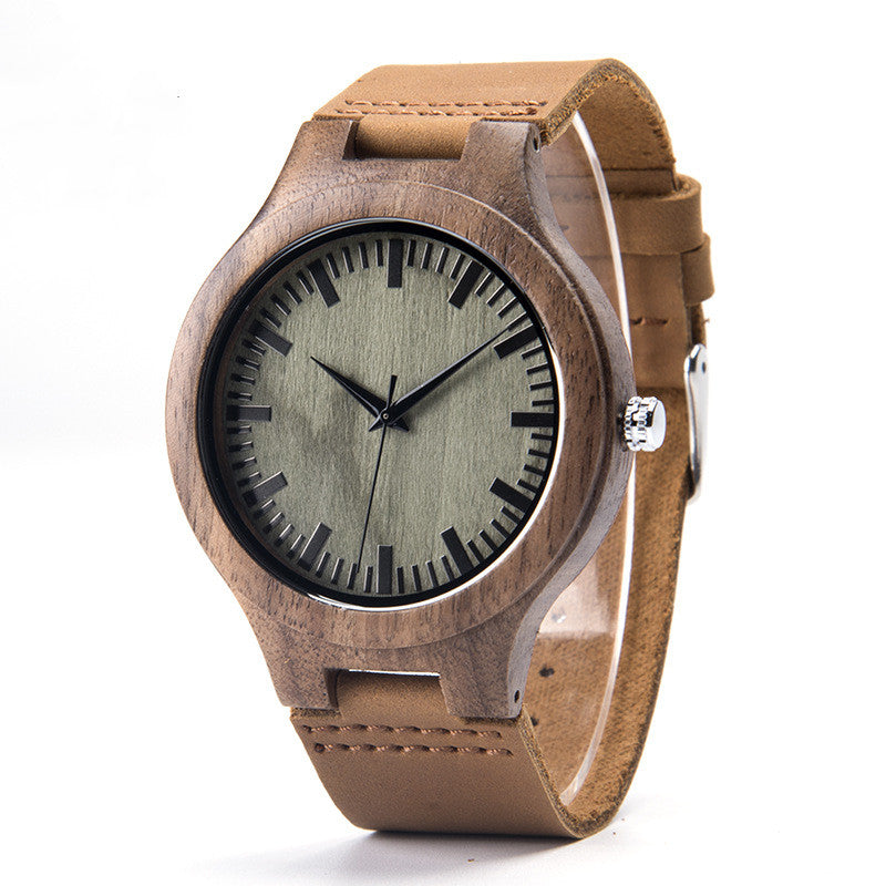 Wooden watch with brown leather strap on a white background