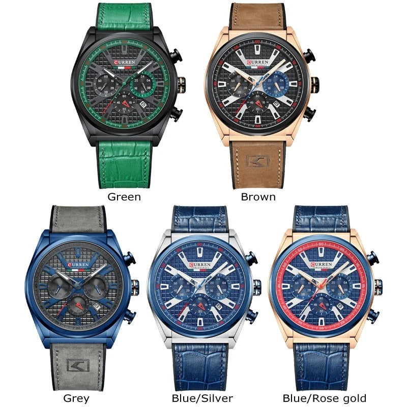 Five men's chronograph watches from Curren are displayed in a 2x3 grid on a white background, each with a different color combination: green, brown, grey, blue/silver, and blue with rose gold. Each watch is labeled with its color variant name below.