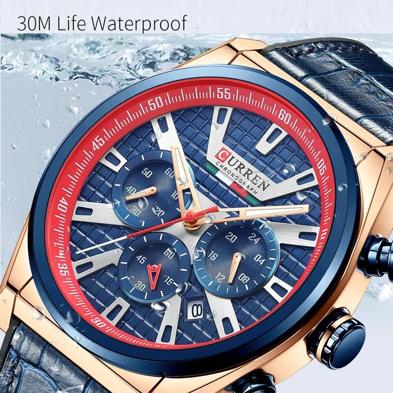 A close-up of a Curren men's watch with a rose gold-tone case, blue textured dial, red inner ring, and dark blue leather strap, shown with water splash graphics and the text '30M Life Waterproof' at the top.