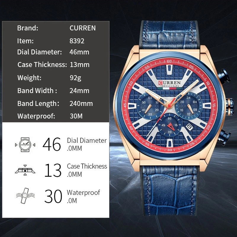 A CURREN men's chronograph watch with a blue textured leather strap, rose gold case, and a blue dial with a red outer ring. The left side features a dark gray information panel with product specifications and icons.