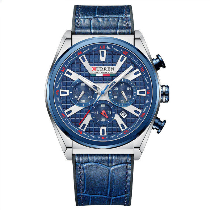 Curren watch with blue leather strap and blue dial on a white background