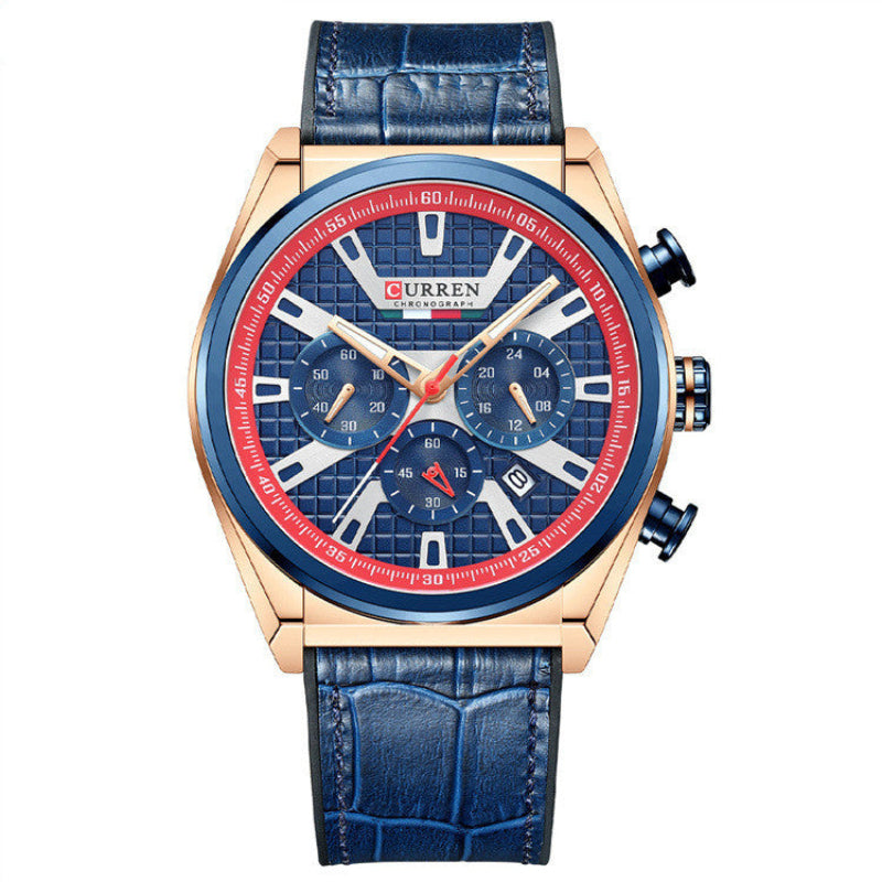 Curren watch with blue leather strap and red and blue face on a white background