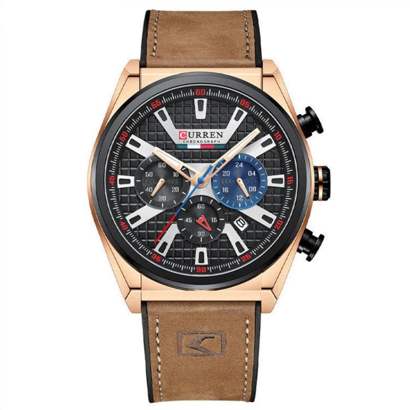 Curren watch with brown leather strap and rose gold case on white background