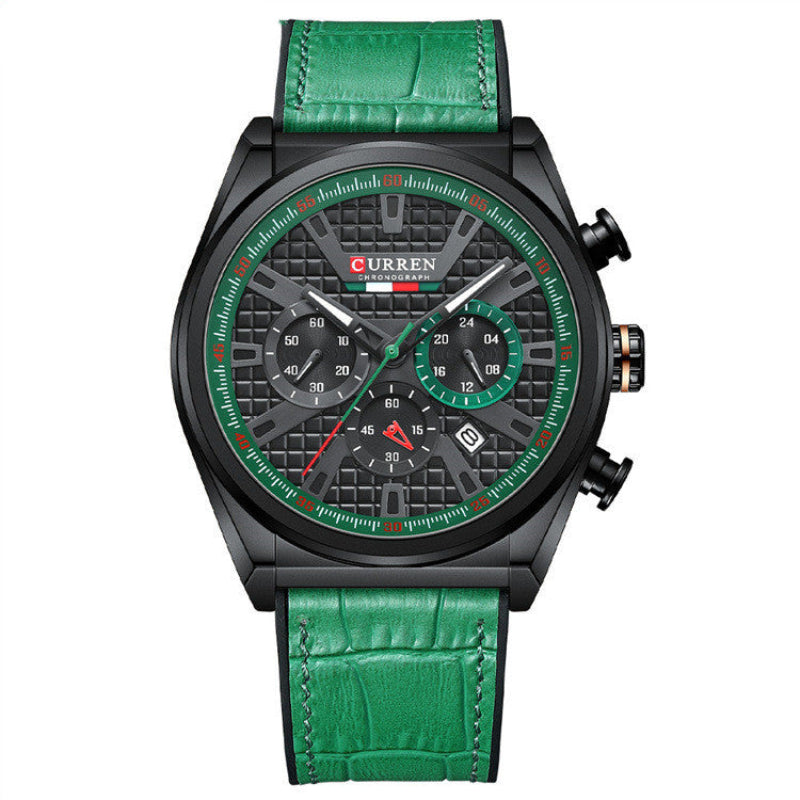 Curren watch with green leather strap on a white background
