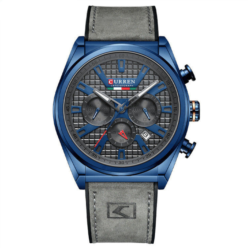Curren watch with blue case, gray strap, and detailed face on a white background