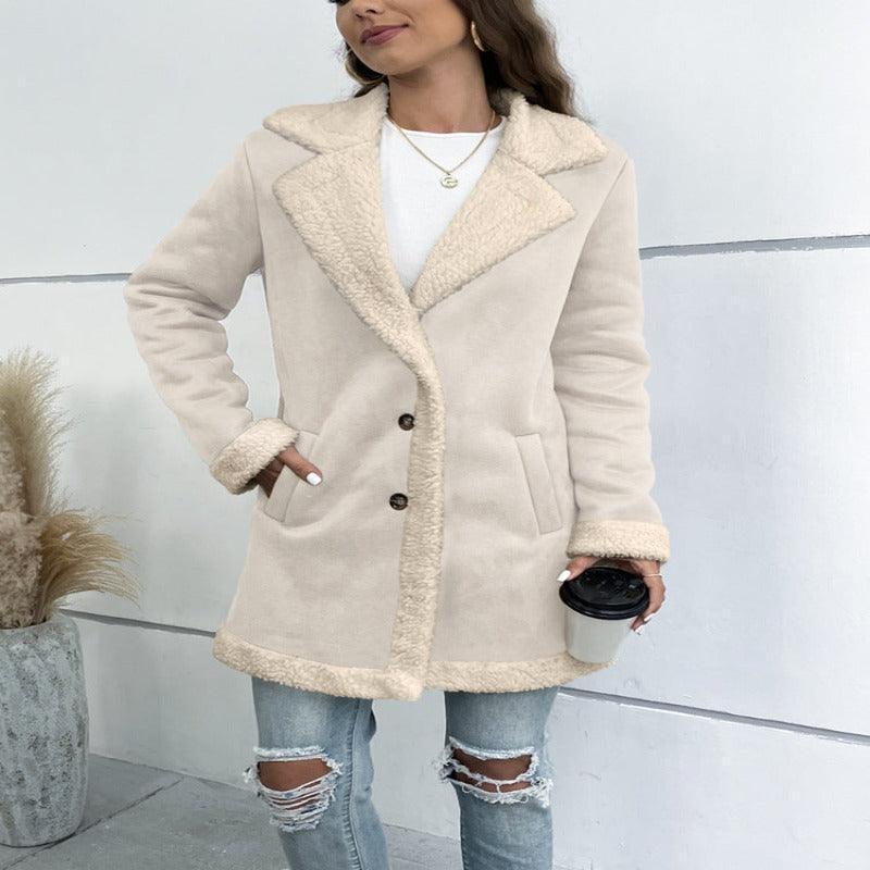 Lapel Suede Elegant Faux Leather Woolen Long Coat - Glooosy Store