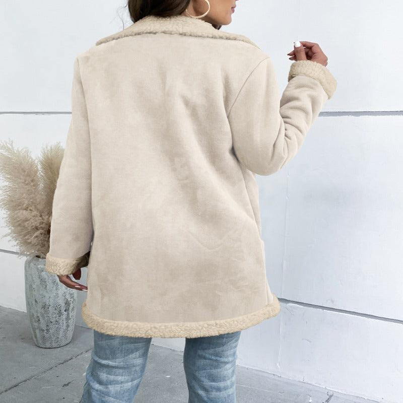 Lapel Suede Elegant Faux Leather Woolen Long Coat - Glooosy Store