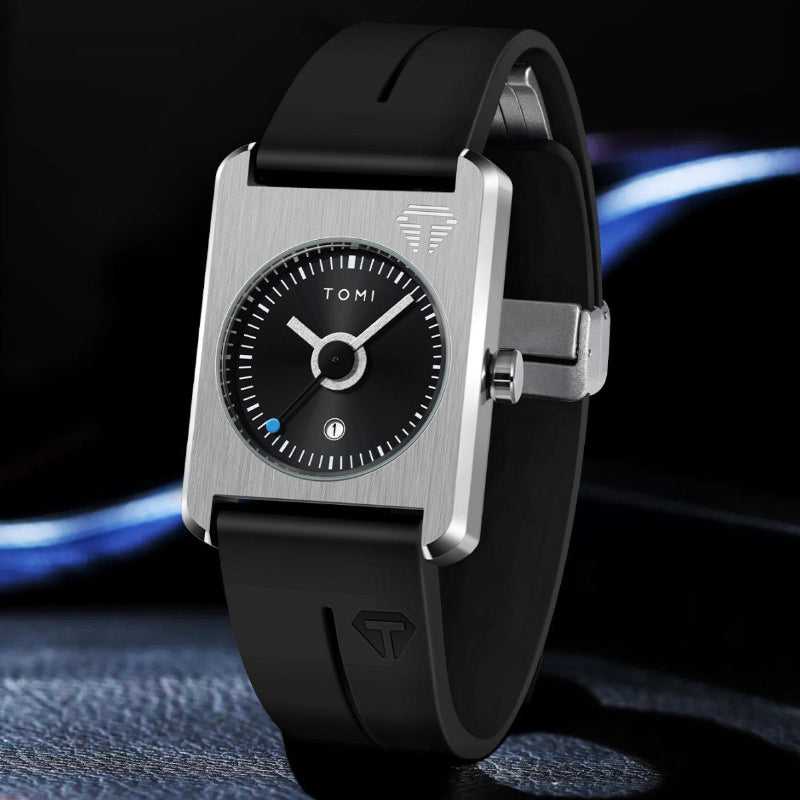 Black watch with silver case and black strap on a dark background
