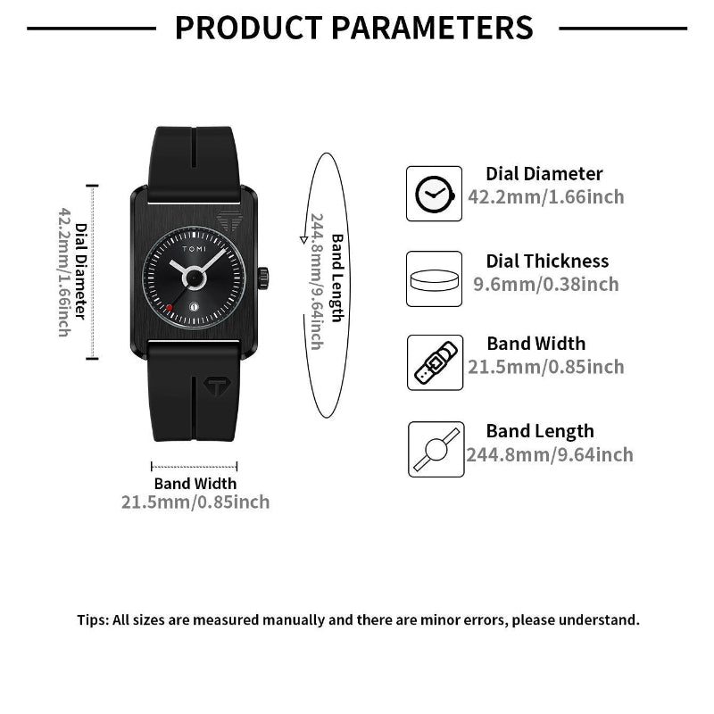 Product parameters diagram for a black rectangular analog watch, showing a side-view watch with measurement callouts for dial diameter, band width, and band length, plus a vertical oval for band length. Text on a white background lists specifications: dial diameter 42.