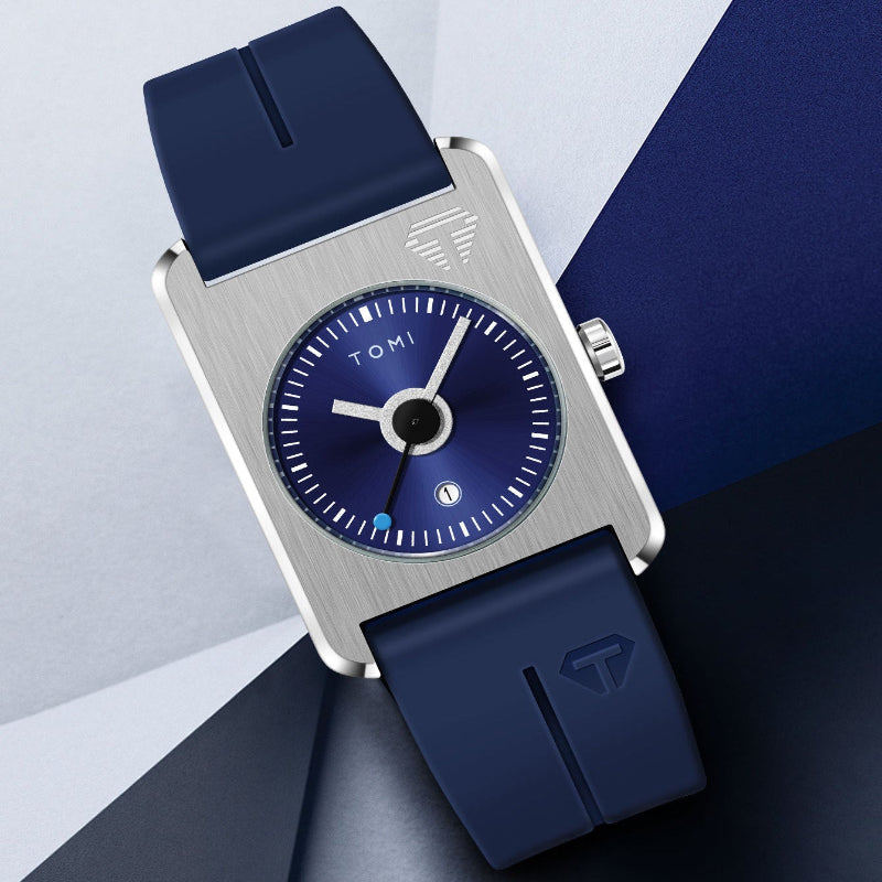 Blue watch with silver case on a geometric background