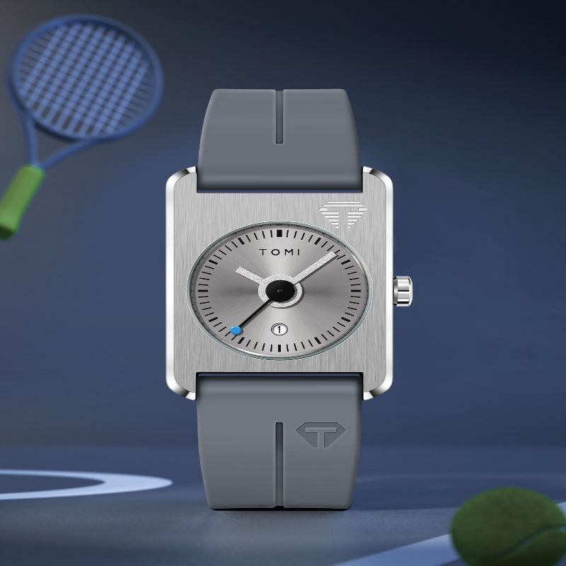 Gray watch with a tennis racket and ball on a blue background
