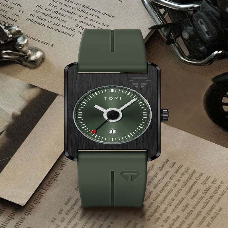 Green watch with a detailed face on a textured surface