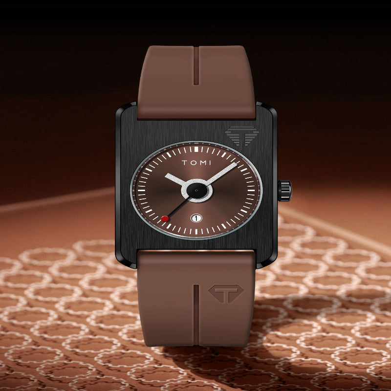 Brown watch with a dark case on a patterned surface