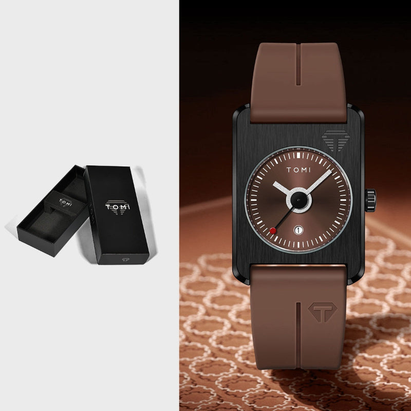 Brown watch with black case on a patterned surface, next to a black box with 'TOMI' branding.