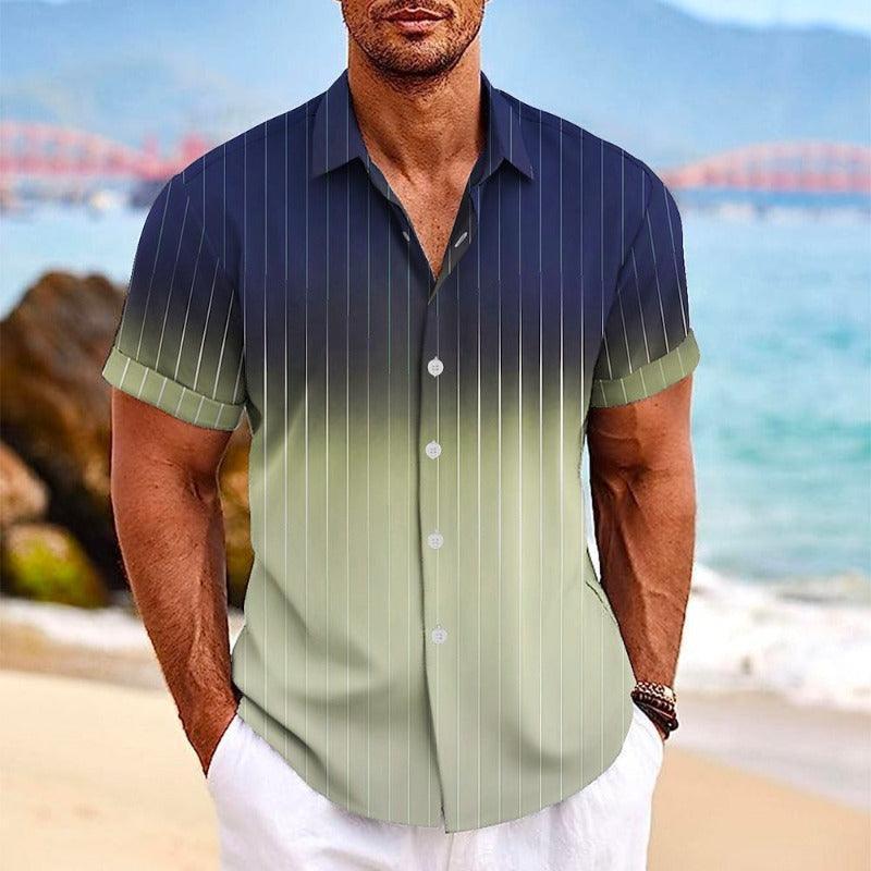 Gradient Striped Print Short Sleeve Beach Shirt - Glooosy Store