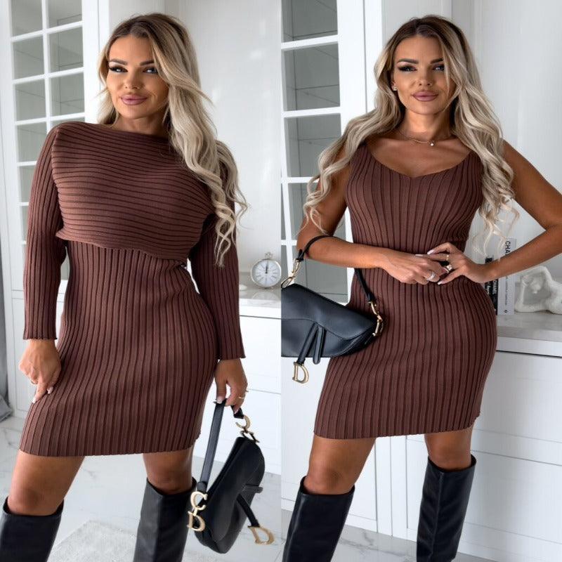 Solid Stripe Long-Sleeved Top And Tight Skirt Outfit Suit - Glooosy Store