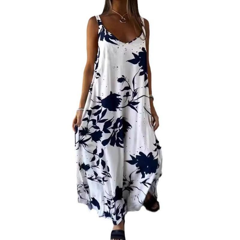 Elegant Summer Printed Sling Backless V-neck Dress - Glooosy Store