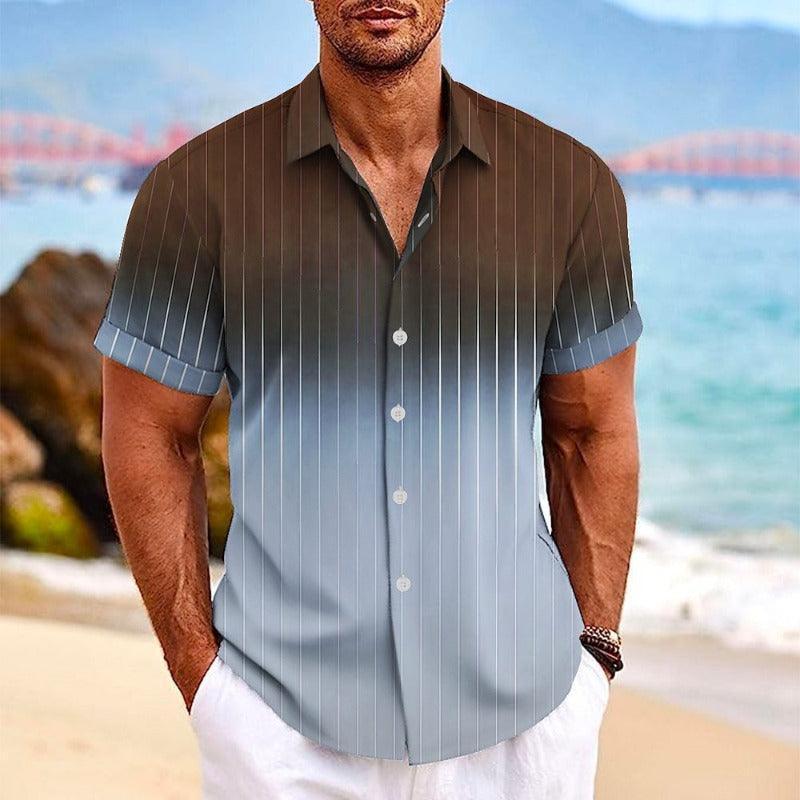 Gradient Striped Print Short Sleeve Beach Shirt - Glooosy Store