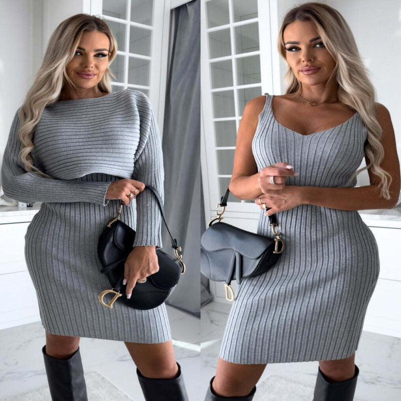 Solid Stripe Long-Sleeved Top And Tight Skirt Outfit Suit - Glooosy Store