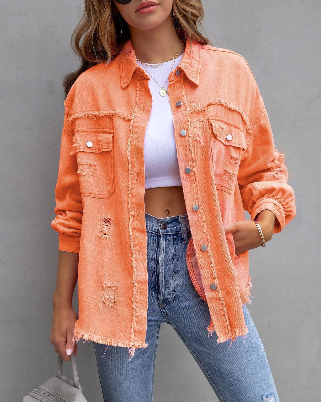 Fashion Denim Ripped Shirt Jacket Women - Glooosy Store