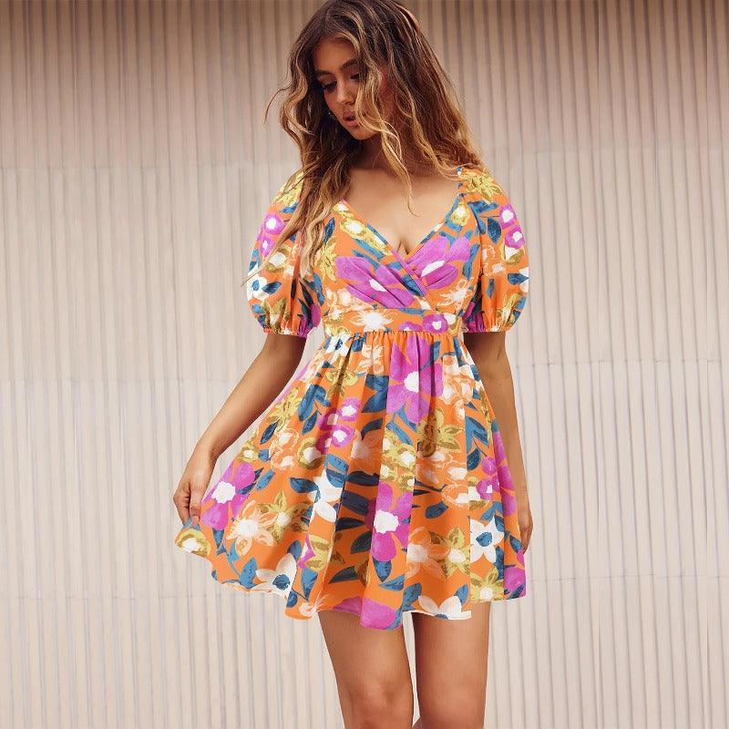 Flowers Print Summer Beach Short Dress - Glooosy Store