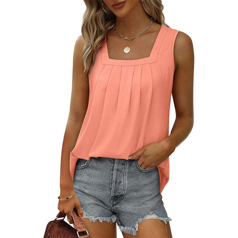 Summer Women Loose Fit Pleated Square Neck Sleeveless Tops Vest T-Shirt - Glooosy Store