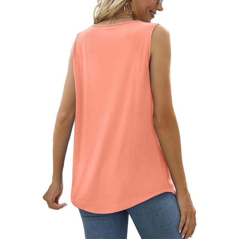 Summer Women Loose Fit Pleated Square Neck Sleeveless Tops Vest T-Shirt - Glooosy Store