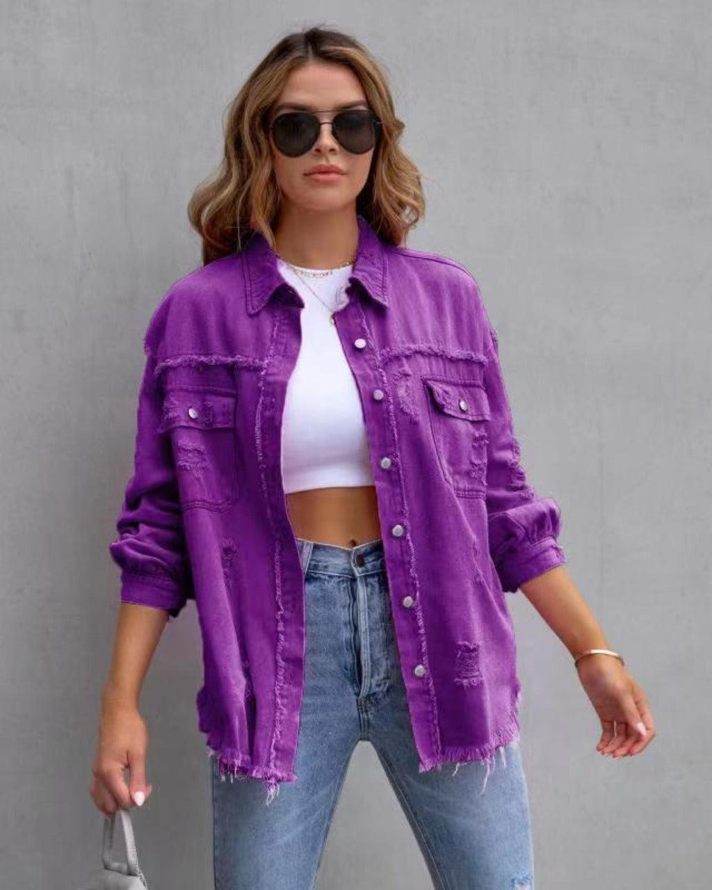 Fashion Denim Ripped Shirt Jacket Women - Glooosy Store