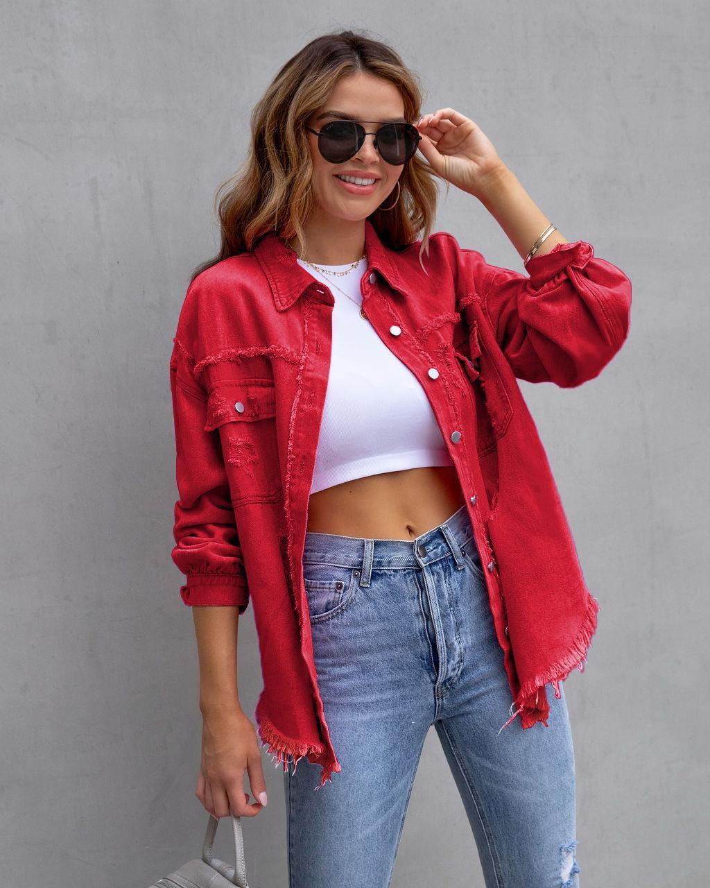 Fashion Denim Ripped Shirt Jacket Women - Glooosy Store