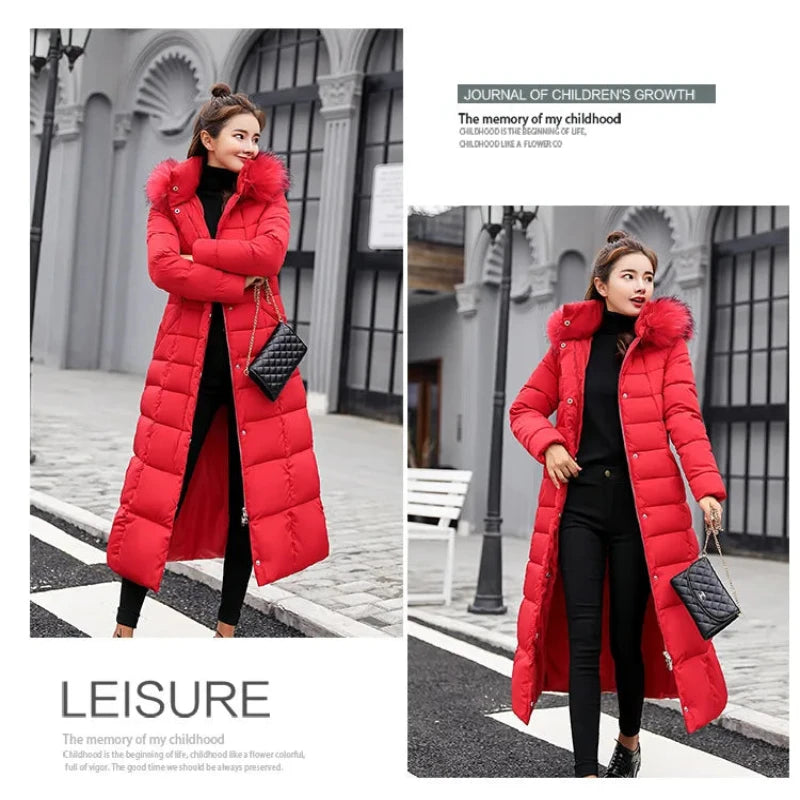 Women Winter Long Jacket Fur Collar Down Padded