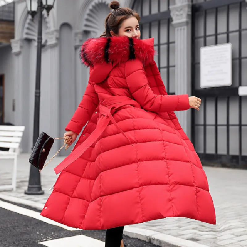 Women Winter Long Jacket Fur Collar Down Padded