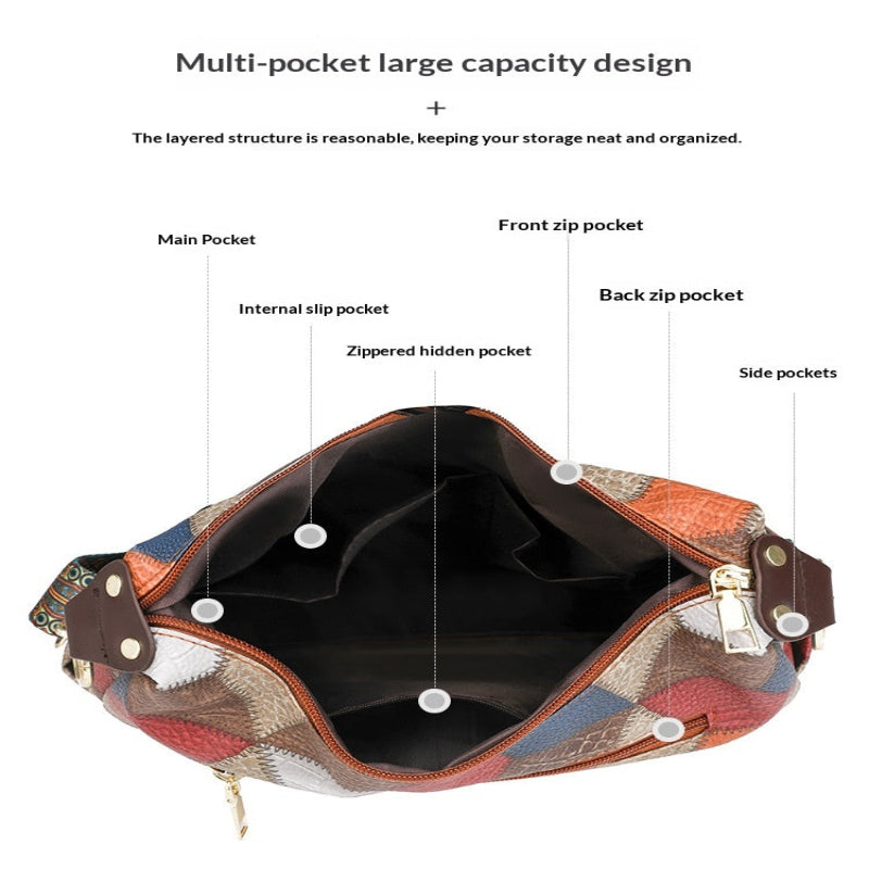 An open multicolor patchwork shoulder bag shown on a white background with labeled callouts for its interior compartments: main pocket, front zip pocket, back zip pocket, internal slip pocket, zippered hidden pocket, and side pockets. Text at the top describes the multi-pocket large capacity design.