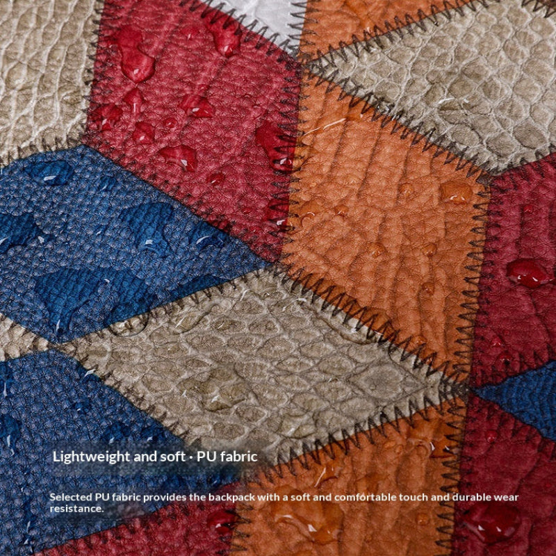 Close-up of a quilted patchwork fabric with stitched diamond sections in red, blue, orange, and beige, with water droplets on the surface and small text reading 'Lightweight and soft PU fabric'.