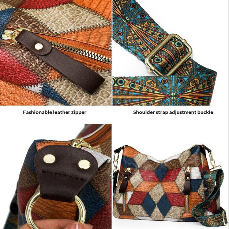 A product detail collage showing a multicolor geometric patterned shoulder bag. The layout features four panels with text labels: 'Stylish leather zipper' showing a brown leather pull tab, 'Shoulder strap adjusted buckle' showing the patterned strap and metal buckle, 'Rivet fixation' showing the brown leather ring with gold rivets, and a full view of the bag on the bottom right.