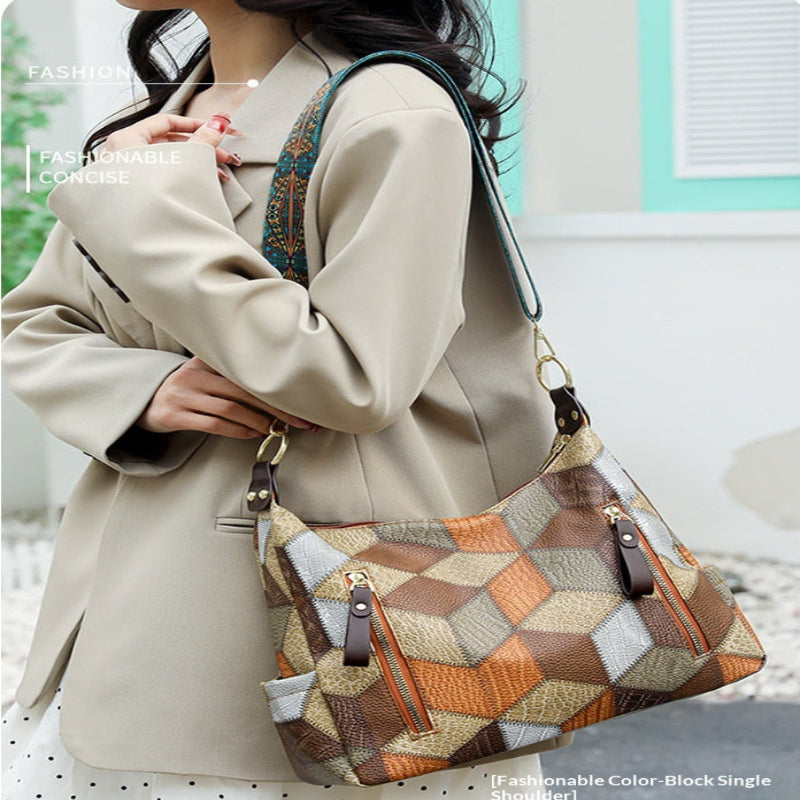 A woman wearing a beige blazer carries a large geometric-patterned shoulder bag with brown, beige, and gray blocks and gold-tone hardware. The image has decorative text overlays on the left and right sides.